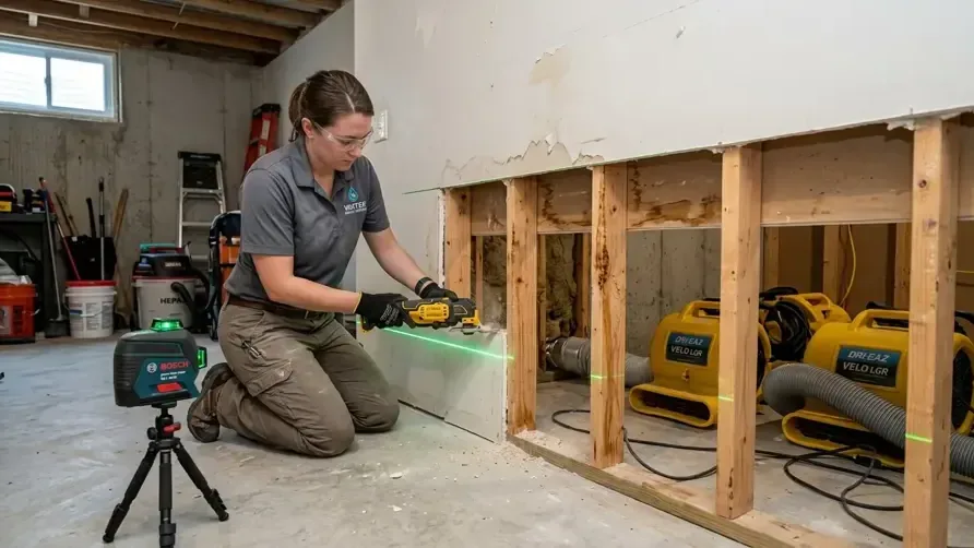 Technician inspecting exposed wall framing beside drying equipment