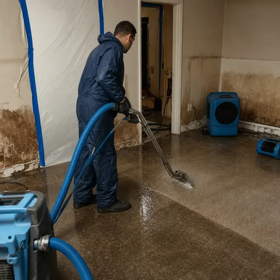 Restoration technician extracting water from a wet interior floor during a home cleanup