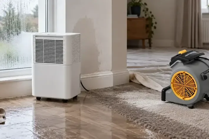Dehumidifier and air mover beside a rain-streaked window and wet floor