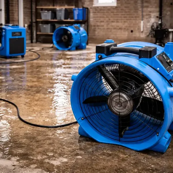Blue air movers and a dehumidifier on a wet concrete basement floor