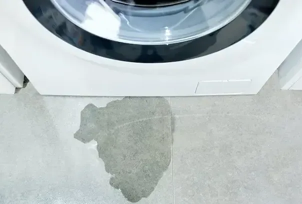 A wet patch on the floor directly beneath a front-loading washing machine