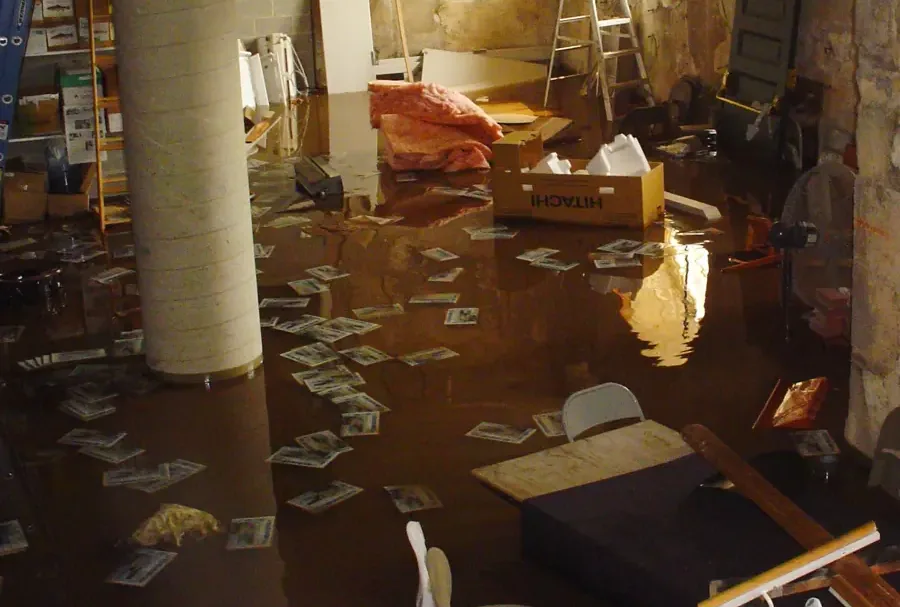 Brown standing water surrounds boxes and stored contents across a flooded basement floor