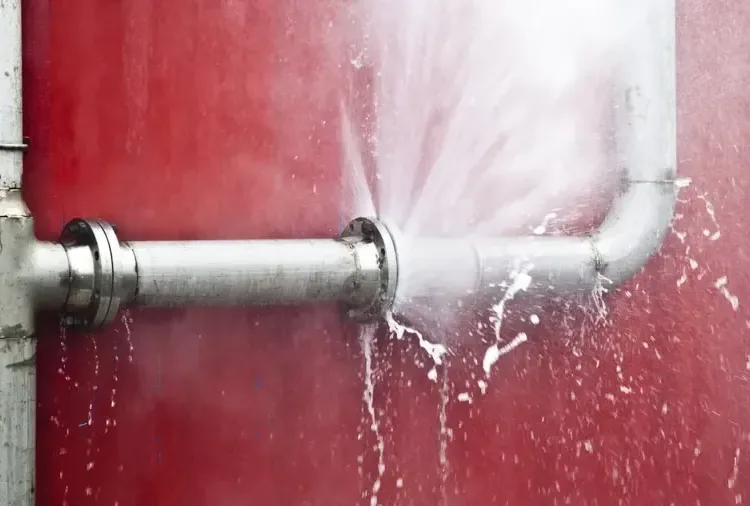 Water spraying from a damaged metal pipe connection beside a painted wall