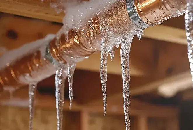 Ice and icicles around a copper pipe connection beneath wooden floor framing