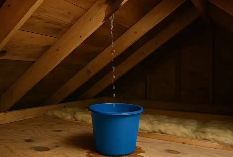Water dripping between attic rafters into a blue bucket below the roof decking