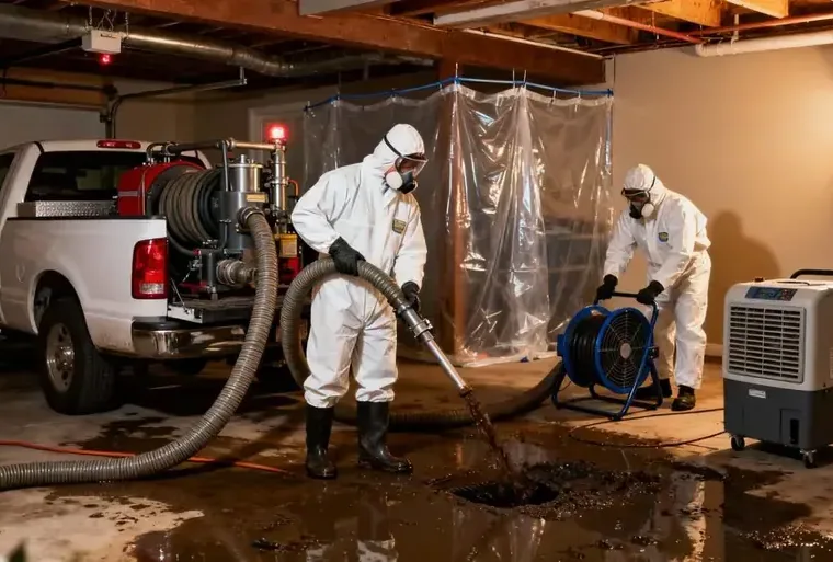 Workers in protective suits using extraction equipment inside a contained wet work area