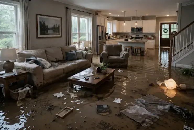 Muddy water and scattered debris covering the floor of a furnished living room