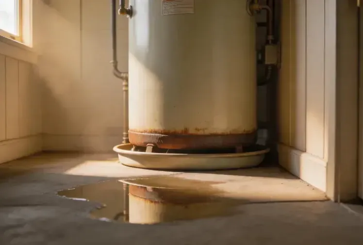 Water pooled around a corroded tank base inside a water heater closet